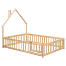 Full House-Shaped Headboard Floor Bed with Fence,Natural - Supfirm