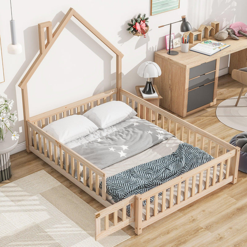 Full House-Shaped Headboard Floor Bed with Fence,Natural - Supfirm