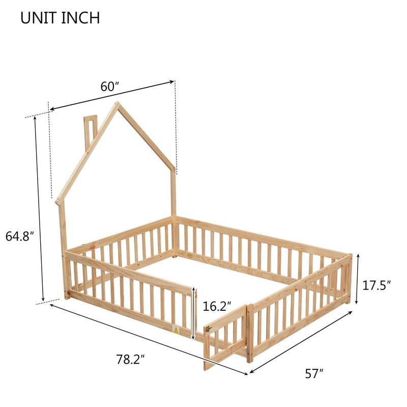 Full House-Shaped Headboard Floor Bed with Fence,Natural - Supfirm