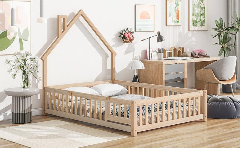 Full House-Shaped Headboard Floor Bed with Fence,Natural - Supfirm