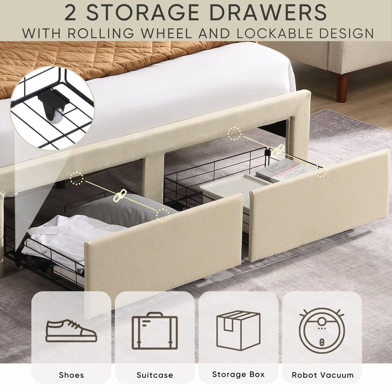 Full Size Bed Frame with 2 Storage Drawers, Upholstered Bed Frame with Wingback Headboard Storage Shelf Built-in USB Charging Stations and Strong Wood Slats Support, No Box Spring Needed, Beige - Supfirm