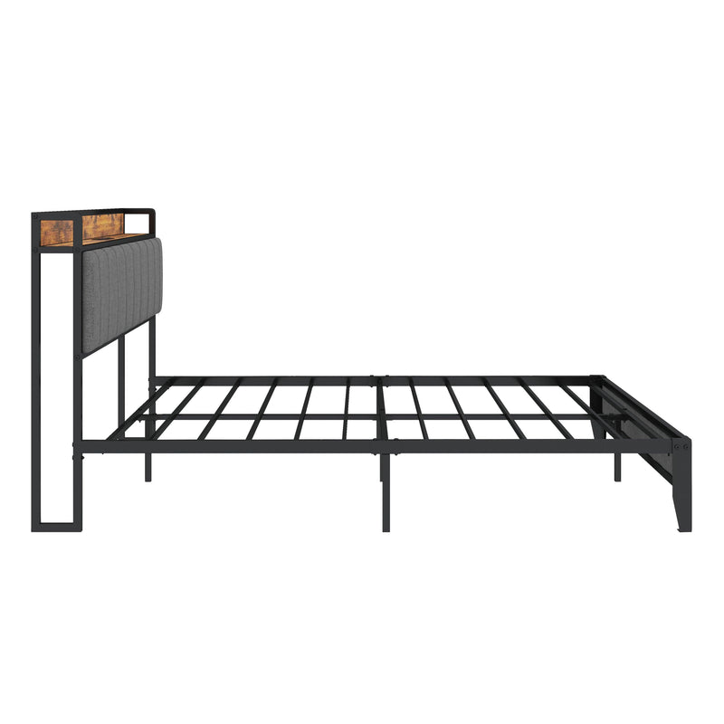 Full Size Bed Frame with Charging Station, Upholstered Headboard, Metal Platform, Grey, Common - Supfirm