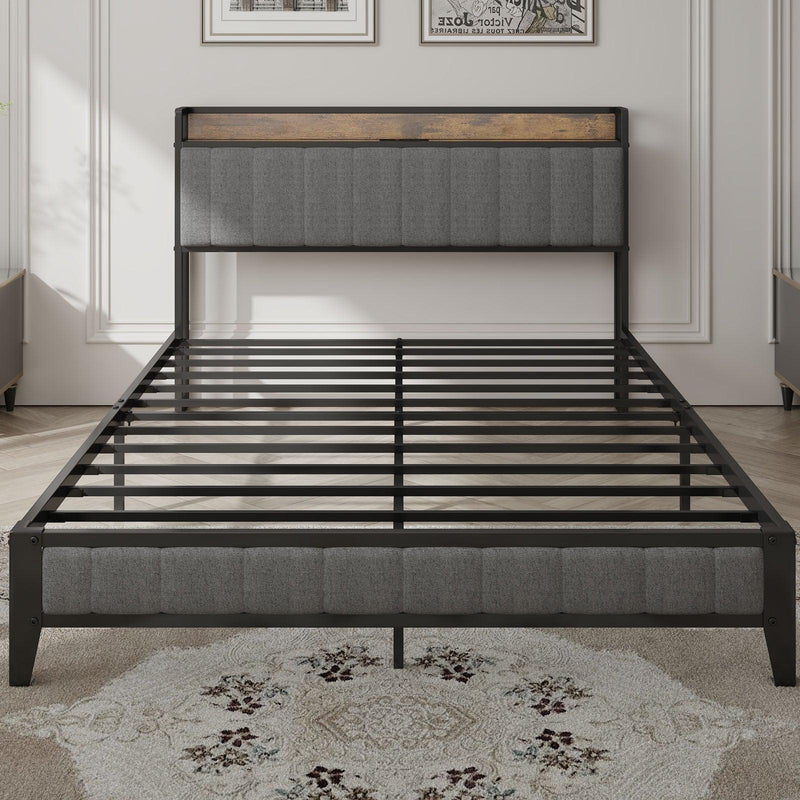 Full Size Bed Frame with Charging Station, Upholstered Headboard, Metal Platform, Grey, Common - Supfirm