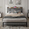 Full Size Bed Frame with Charging Station, Upholstered Headboard, Metal Platform, Grey, Common - Supfirm