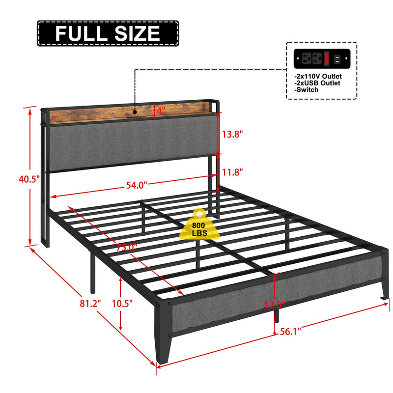 Full Size Bed Frame with Charging Station, Upholstered Headboard, Metal Platform, Grey, Common - Supfirm