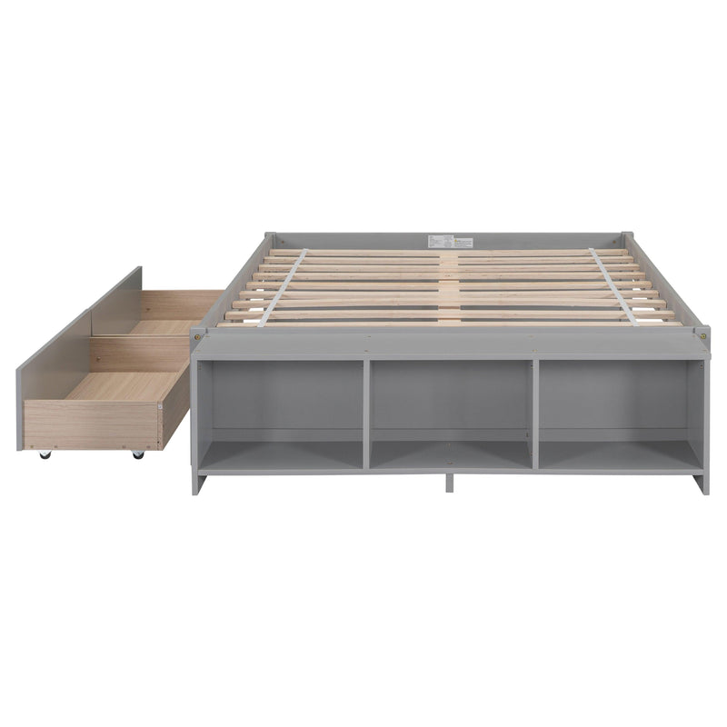 Full Size Bed with Storage Case, 2 Storage drawers, Lengthwise Support Slat,Grey - Supfirm