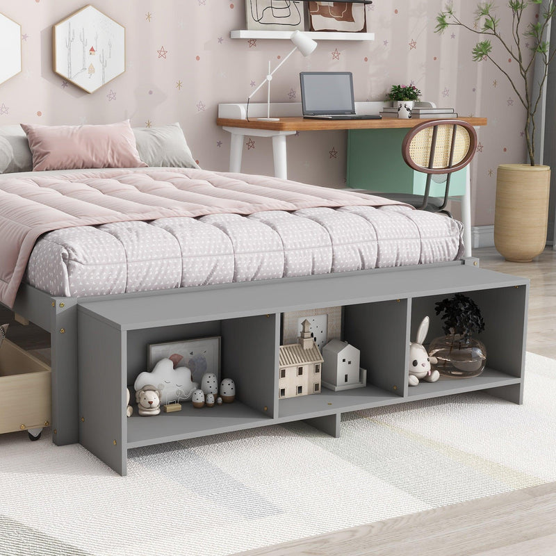 Full Size Bed with Storage Case, 2 Storage drawers, Lengthwise Support Slat,Grey - Supfirm