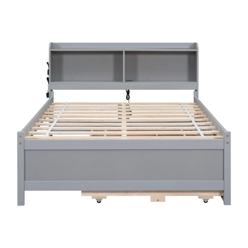 Full Size Bed with USB & Type-C Ports, LED light, Bookcase Headboard, Trundle and 3 Storage Drawers , Full Size Size Bed with Bookcase Headboard, Trundle and Storage drawers ,Grey - Supfirm