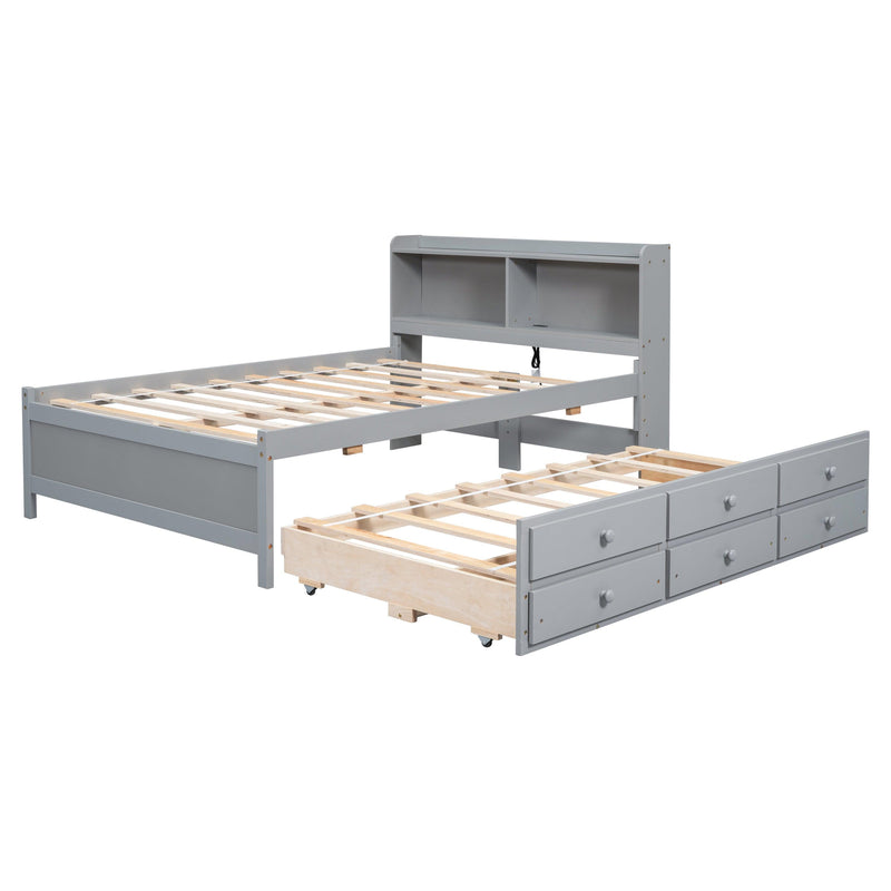 Full Size Bed with USB & Type-C Ports, LED light, Bookcase Headboard, Trundle and 3 Storage Drawers , Full Size Size Bed with Bookcase Headboard, Trundle and Storage drawers ,Grey - Supfirm