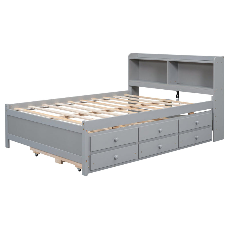 Full Size Bed with USB & Type-C Ports, LED light, Bookcase Headboard, Trundle and 3 Storage Drawers , Full Size Size Bed with Bookcase Headboard, Trundle and Storage drawers ,Grey - Supfirm