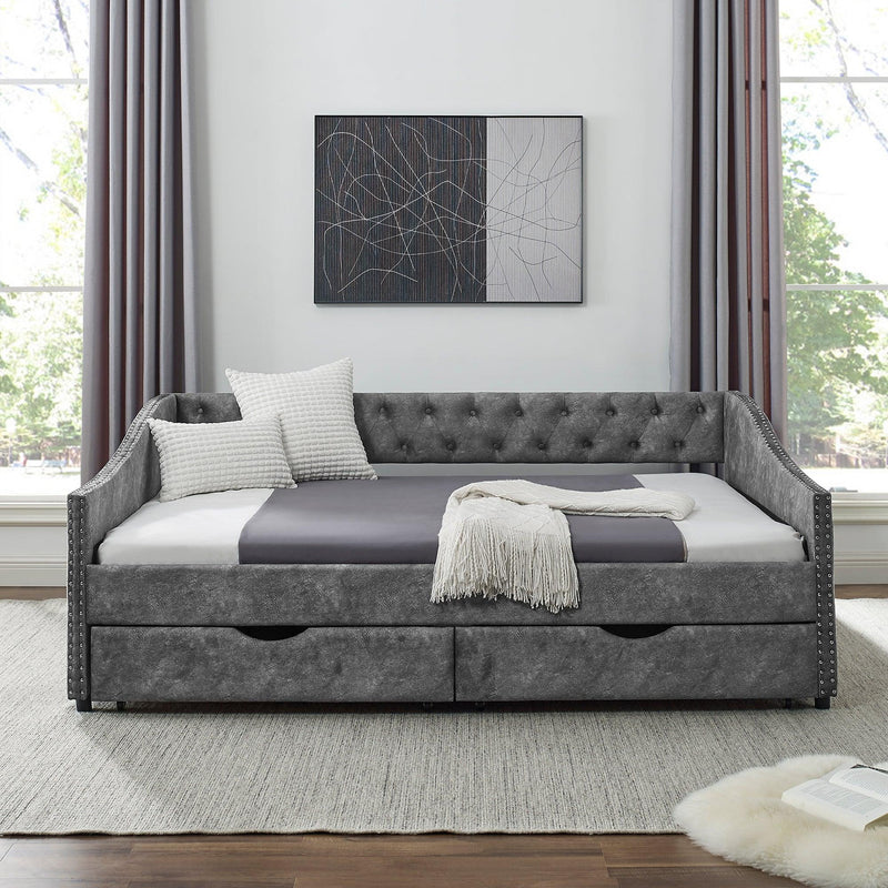 Full Size Daybed with Drawers Upholstered Tufted Sofa Bed, with Button on Back and Copper Nail on Waved Shape Arms, Grey (80.5''x55.5''x27.5'') - Supfirm