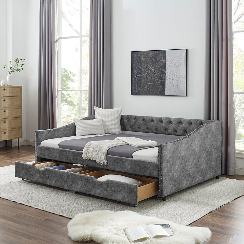 Full Size Daybed with Drawers Upholstered Tufted Sofa Bed, with Button on Back and Copper Nail on Waved Shape Arms, Grey (80.5''x55.5''x27.5'') - Supfirm