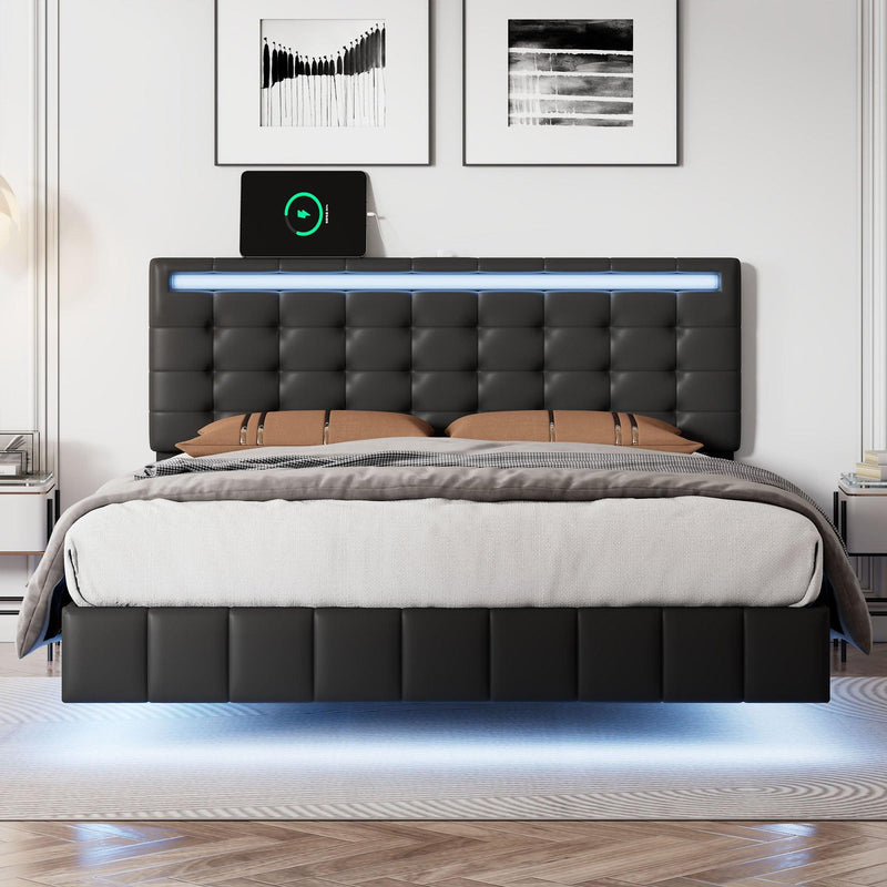 Full Size Floating Bed Frame with LED Lights and USB Charging,Modern Upholstered Platform LED Bed Frame,Black(Full) - Supfirm