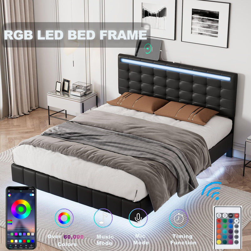 Full Size Floating Bed Frame with LED Lights and USB Charging,Modern Upholstered Platform LED Bed Frame,Black(Full) - Supfirm