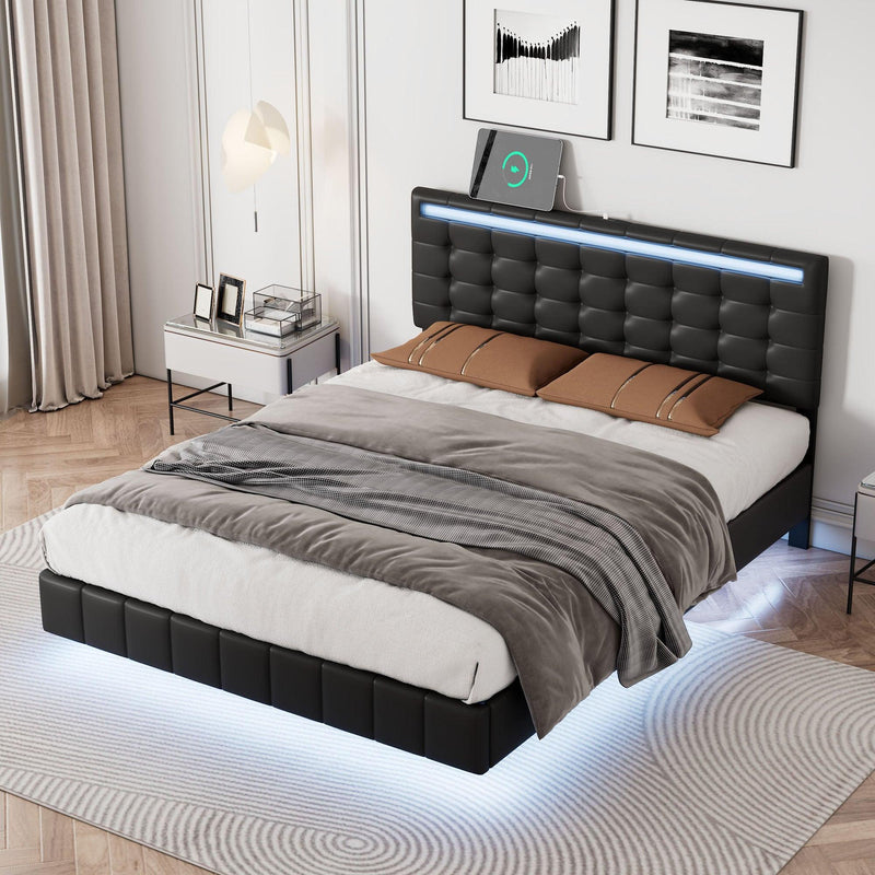 Full Size Floating Bed Frame with LED Lights and USB Charging,Modern Upholstered Platform LED Bed Frame,Black(Full) - Supfirm