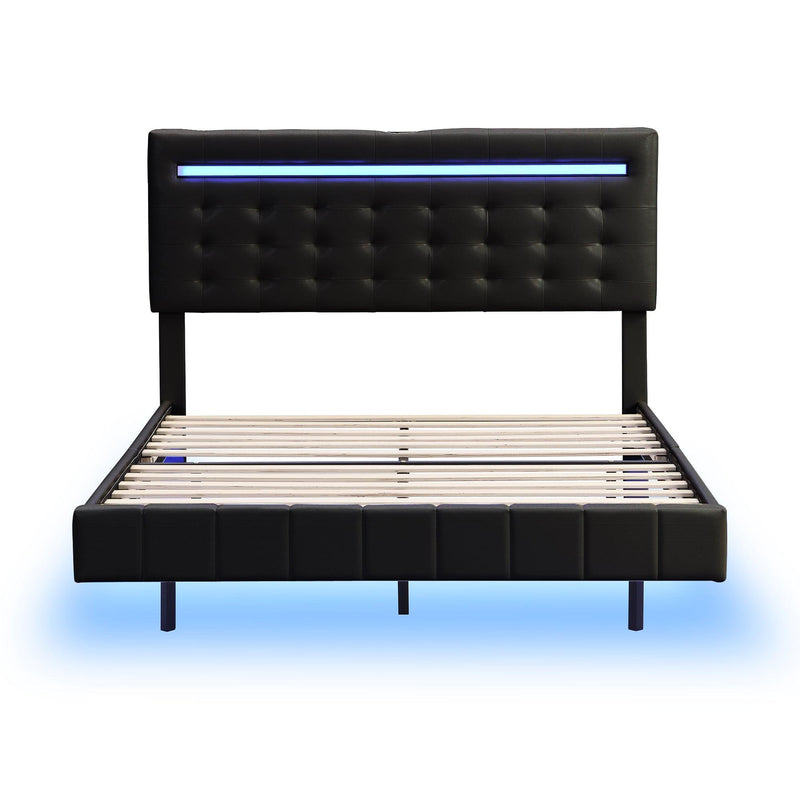 Full Size Floating Bed Frame with LED Lights and USB Charging,Modern Upholstered Platform LED Bed Frame,Black(Full) - Supfirm