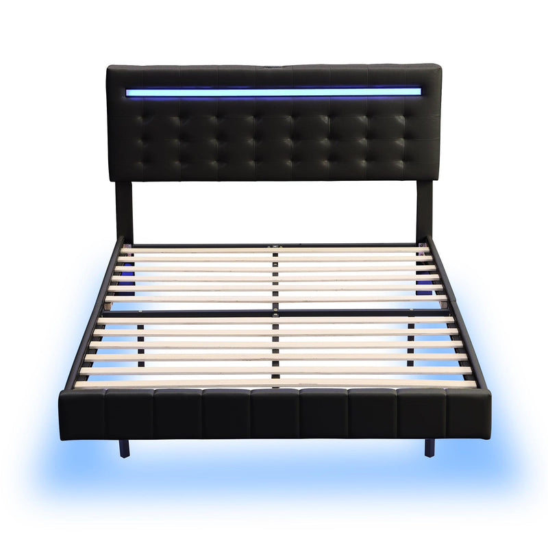 Full Size Floating Bed Frame with LED Lights and USB Charging,Modern Upholstered Platform LED Bed Frame,Black(Full) - Supfirm