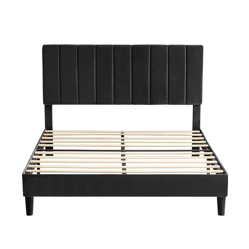 Full Size Frame Platform Bed with Upholstered Headboard and Slat Support, Heavy Duty Mattress Foundation, No Box Spring Required, Easy to Assemble, Black - Supfirm