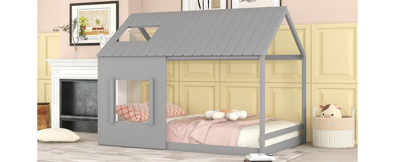 Full Size House Bed with Roof and Window - Gray - Supfirm