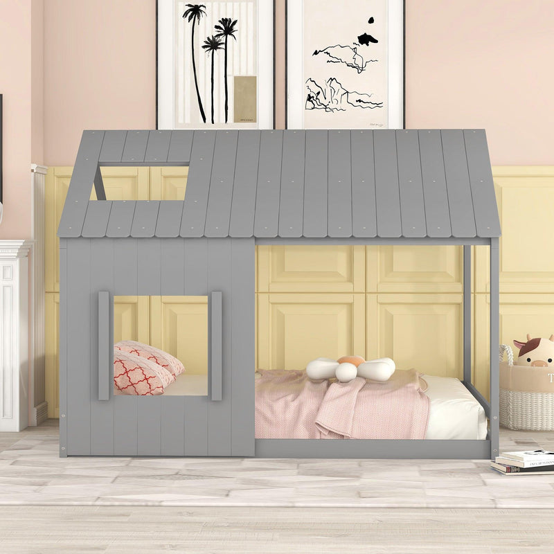 Full Size House Bed with Roof and Window - Gray - Supfirm