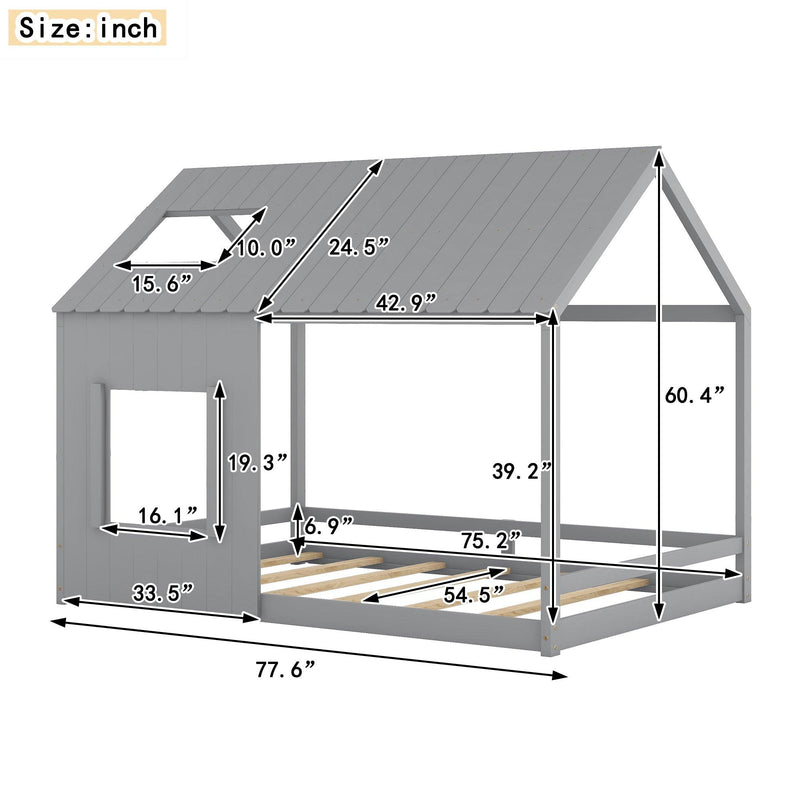 Full Size House Bed with Roof and Window - Gray - Supfirm