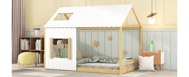 Full Size House Bed with Roof and Window - White+Natural - Supfirm