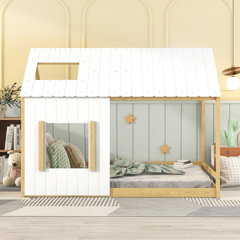 Full Size House Bed with Roof and Window - White+Natural - Supfirm