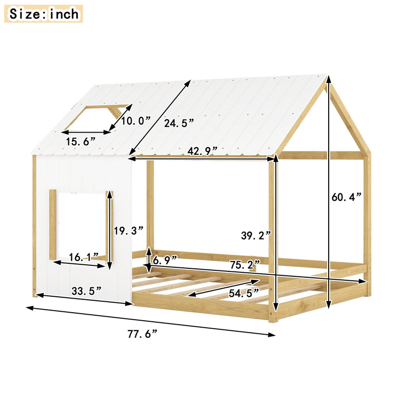 Full Size House Bed with Roof and Window - White+Natural - Supfirm