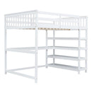 Full Size Loft Bed with Storage Shelves and Under-bed Desk, White - Supfirm