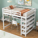 Full Size Loft Bed with Storage Shelves and Under-bed Desk, White - Supfirm