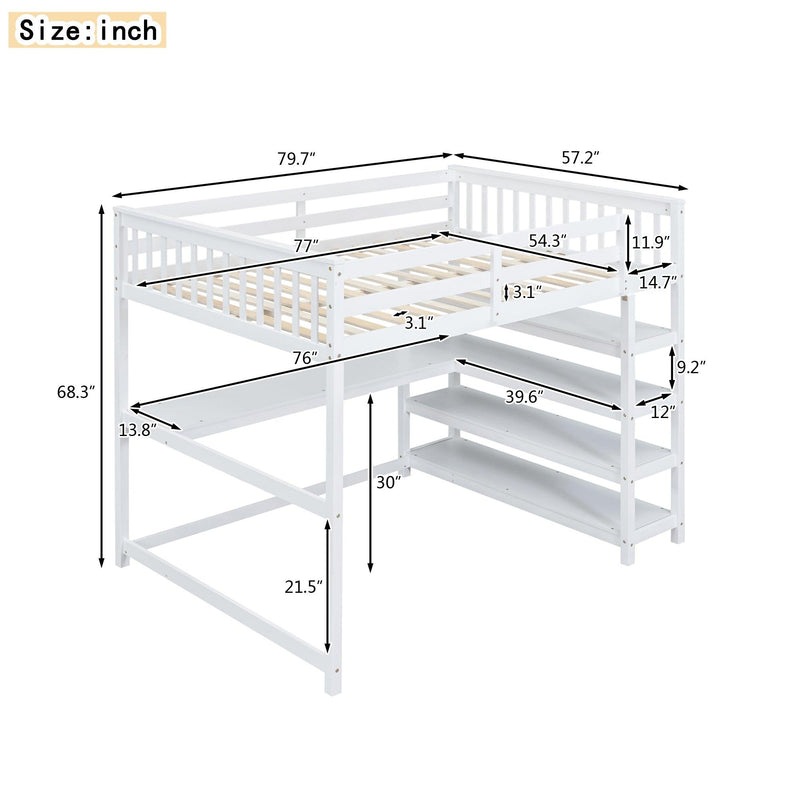 Full Size Loft Bed with Storage Shelves and Under-bed Desk, White - Supfirm