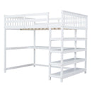 Full Size Loft Bed with Storage Shelves and Under-bed Desk, White - Supfirm