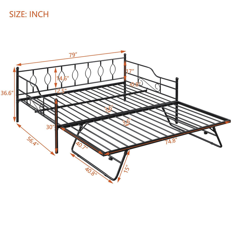 Full Size Metal Daybed with Twin Size Adjustable Trundle, Portable Folding Trundle, Black(OLD SKU:MF293730AAB) - Supfirm