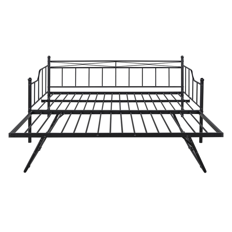 Full Size Metal Daybed with Twin Size Adjustable Trundle, Portable Folding Trundle, Black(OLD SKU:MF293736AAB) - Supfirm