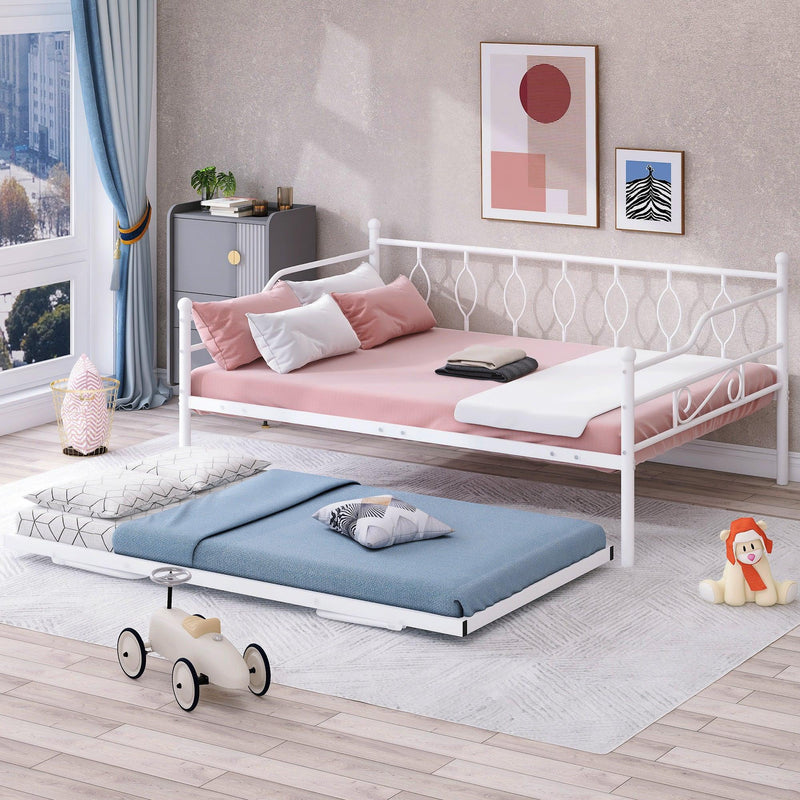 Full Size Metal Daybed with Twin Size Adjustable Trundle, Portable Folding Trundle, White(OLC SKU:MF293730AAK) - Supfirm