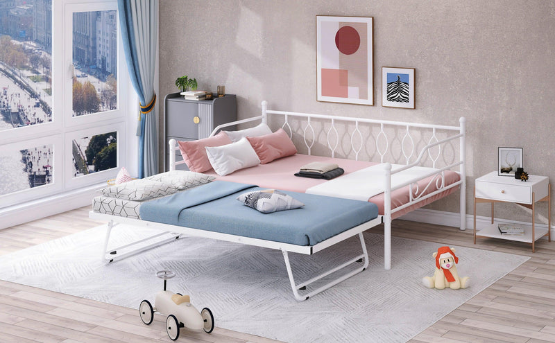 Full Size Metal Daybed with Twin Size Adjustable Trundle, Portable Folding Trundle, White(OLC SKU:MF293730AAK) - Supfirm