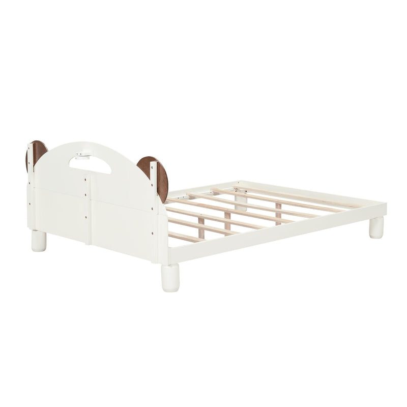 Full Size Platform Bed with Bear Ears Shaped Headboard and LED, Cream White - Supfirm