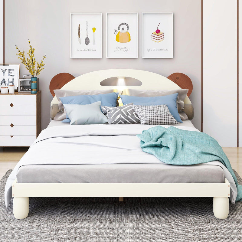 Full Size Platform Bed with Bear Ears Shaped Headboard and LED, Cream White - Supfirm