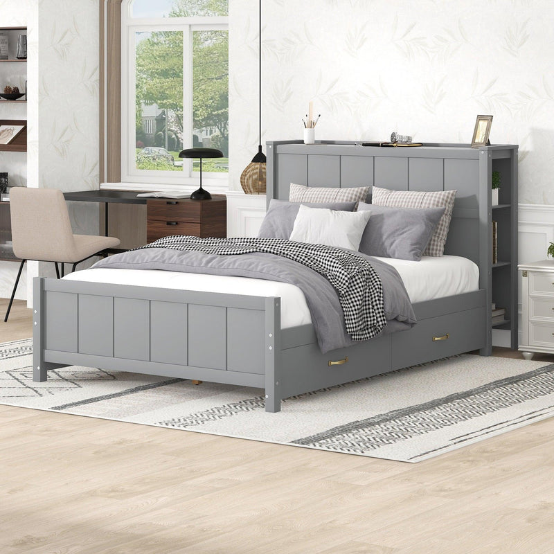 Full Size Platform Bed with Drawers and Storage Shelves, Gray - Supfirm