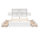 Full Size Platform Bed with Storage Headboard, Charging Station and 4 Drawers, White - Supfirm