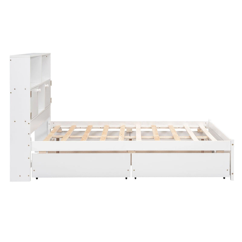 Full Size Platform Bed with Storage Headboard, Charging Station and 4 Drawers, White - Supfirm