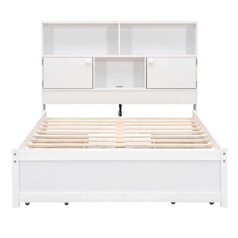 Full Size Platform Bed with Storage Headboard, Charging Station and 4 Drawers, White - Supfirm