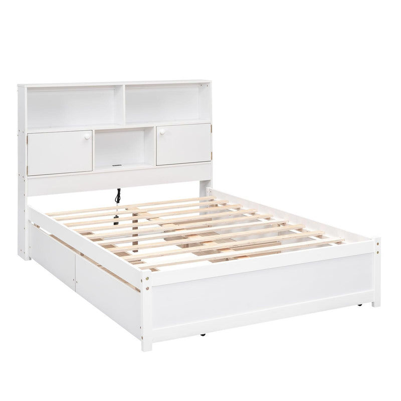 Full Size Platform Bed with Storage Headboard, Charging Station and 4 Drawers, White - Supfirm