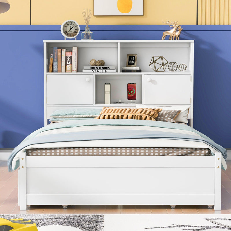 Full Size Platform Bed with Storage Headboard, Charging Station and 4 Drawers, White - Supfirm