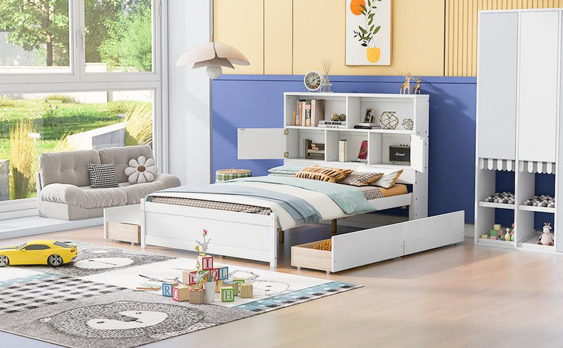 Full Size Platform Bed with Storage Headboard, Charging Station and 4 Drawers, White - Supfirm