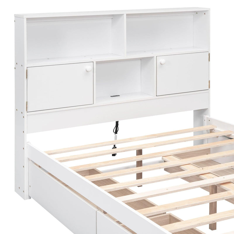 Full Size Platform Bed with Storage Headboard, Charging Station and 4 Drawers, White - Supfirm