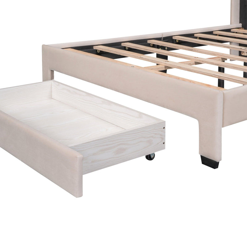 Full Size Storage Bed Velvet Upholstered Platform Bed with a Big Drawer - Beige - Supfirm