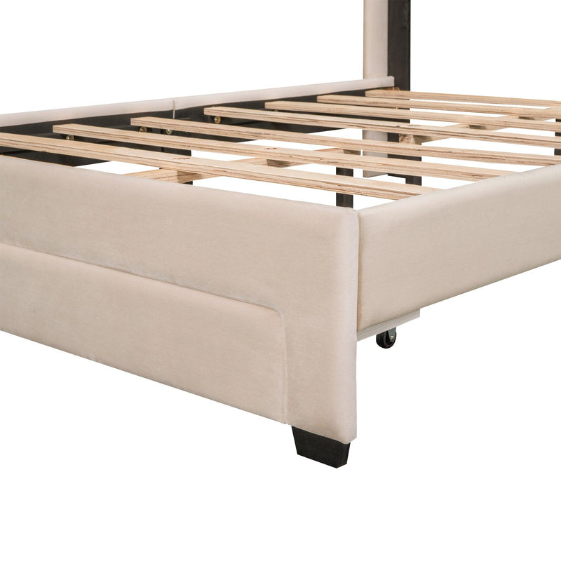 Full Size Storage Bed Velvet Upholstered Platform Bed with a Big Drawer - Beige - Supfirm