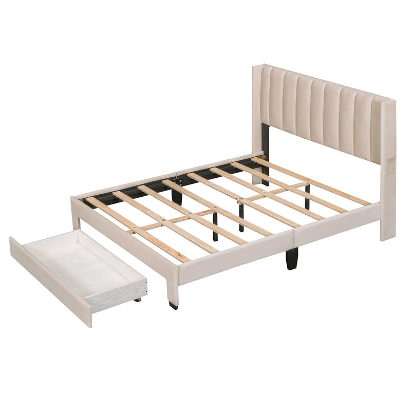 Full Size Storage Bed Velvet Upholstered Platform Bed with a Big Drawer - Beige - Supfirm