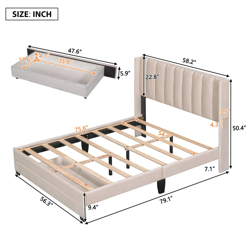 Full Size Storage Bed Velvet Upholstered Platform Bed with a Big Drawer - Beige - Supfirm